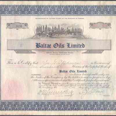 [Share Certificate] Baltac Oils Limited, 100 Shares, 15 July, 1929