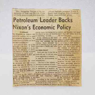 [Clipping] "Petroleum Leader Backs Nixon's Economic Policy", San Diego Union, Sunday Morning, 29 August, 1971