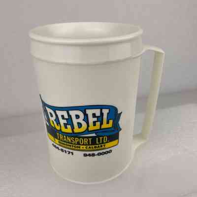 [Travel Mug] Rebel Transport Ltd., Edmonton, Calgary, Plastic, White Blue Yellow