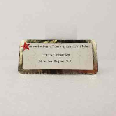 [Name Tag] Lillias Ferguson, Gold Border, Red Star, Association of Desk and Derrick Clubs, Tulsa Oklahoma, September, 1972