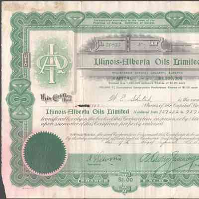 [Share Certificate] Illinois-Alberta Oils Limited, 5 Shares, 9 April, 1926