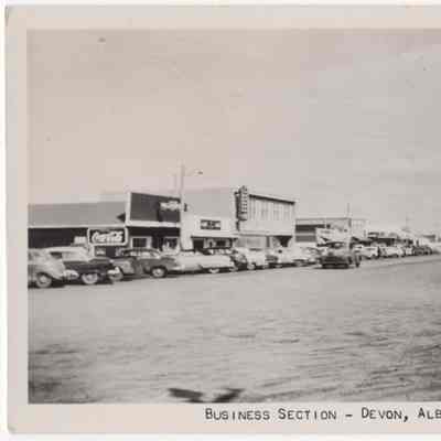 [Postcard] Business Section, Devon, Alberta, B&W