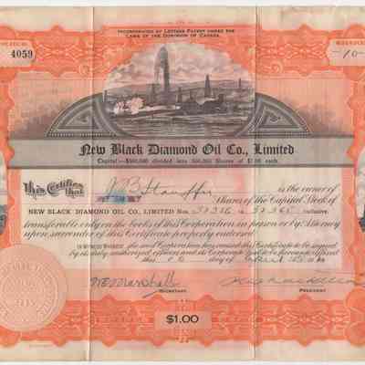 [Share Certificate] New Black Diamond Oil Co. Limited, 10 Shares, 10 April, 1926