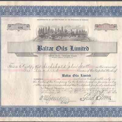 [Share Certificate] Baltac Oils Limited, 100 Shares, 21 June, 1929