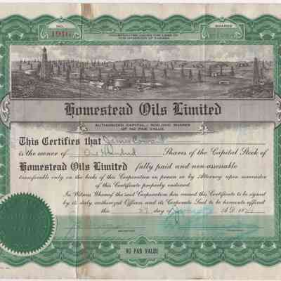 [Share Certificate] Homestead Oils Limited, 100 Shares, 27 June, 1929