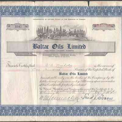 [Share Certificate] Baltac Oils Limited, 100 Shares, 15 July, 1929