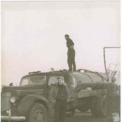 [Photo] Leduc #1 First Load, Two Men and Tanker Truck, 1947, B&W