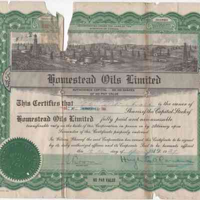 [Share Certificate] Homestead Oils Limited, 200 Shares, 12 June, 1929