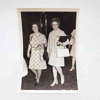 [Photo] Two Ladies Walking Looking at Camera, Association of Desk and Derrick Clubs, Large, BW, Portrait, White Border, c.1972