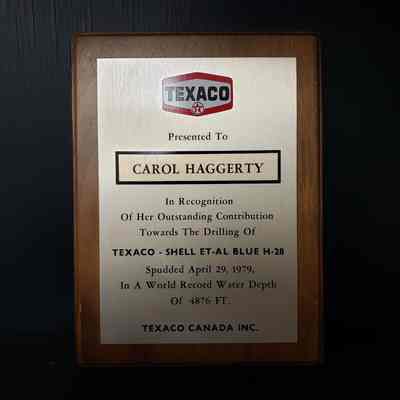 [Plaque] Carol Haggerty, Outstanding Cobtributuon Award, Texaco - Shell Et-Al Blue H-28, Wood Metal