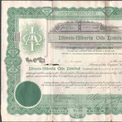 [Share Certificate] Illinois-Alberta Oils Limited, 5 Shares, 15 April, 1926
