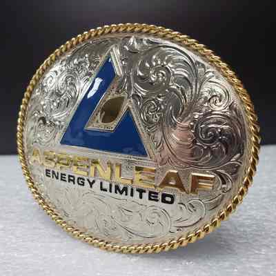 [Belt Buckle] Aspenleaf Energy Ltd., Silver Gold Blue - Front, Angled: Angled view of front