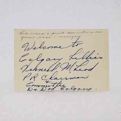 [Note] "Welcome to Calgary Lillias...", Note Card, c.1972