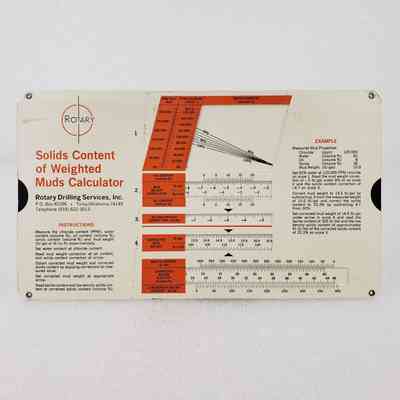 [Slide Chart] Rotary Drilling Services Inc., Solids Content of Weighted Mud Calculator, 1979, Cardboard White Orange Black