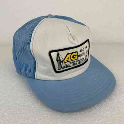 [Cap] Alberta Gold Well Servicing Ltd., Red Deer ALTA, Embroidered Patch, Fabric Crown White, Mesh Body Light Blue
