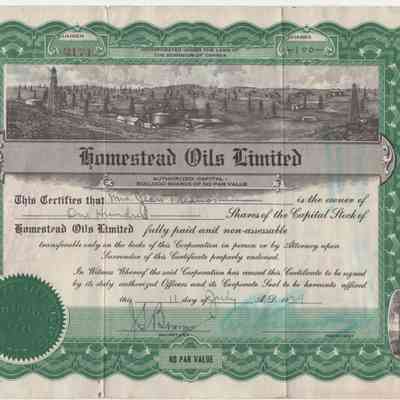 [Share Certificate] Homestead Oils Limited, 100 Shares, 11 July, 1929