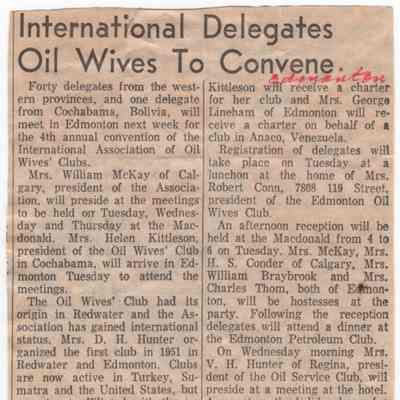 [News Clipping] "International Delegates Oil Wives To Convene", Edmonton