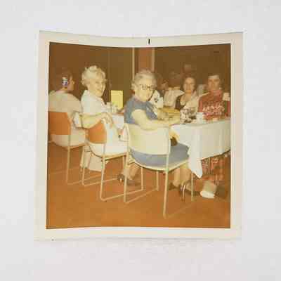 [Photo] Six Ladies Seated at Dining Table, Association of Desk and Derrick Clubs, Square, White Border, c.1972