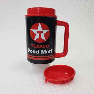 *[Travel Mug] Texaco, "Food Mart", with Lid, Plastic Red Black White
