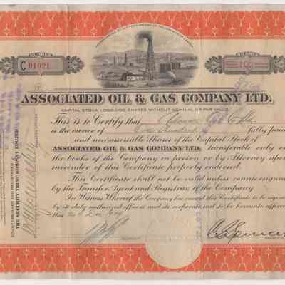[Share Certificate] Associated Oil & Gas Company Ltd., 100 Shares, 20 December, 1929