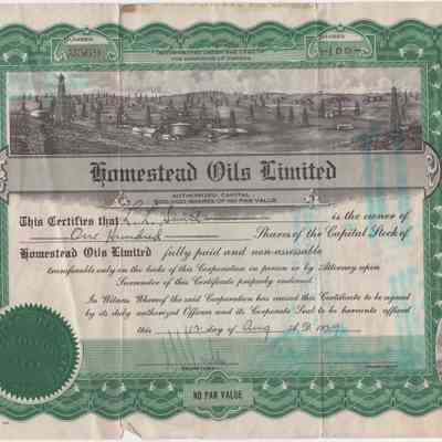 [Share Certificate] Homestead Oils Limited, 100 Shares, 12 August, 1929