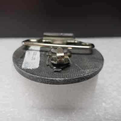 [Belt Buckle] Dowell 2nd Annual Truck Roadeo, Matte Antique Silver - Side, Hook: View from side with close-up of hook.