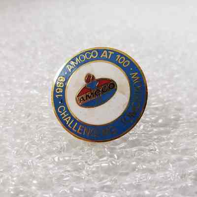 [Pin] AMOCO, "1989, AMOCO at 100, Challenging Tomorrow", Lapel, Round, Metal Gold Enamel Blue Red White