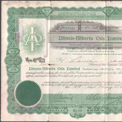 [Share Certificate] Illinois-Alberta Oils Limited, 5 Shares, 18 May, 1926