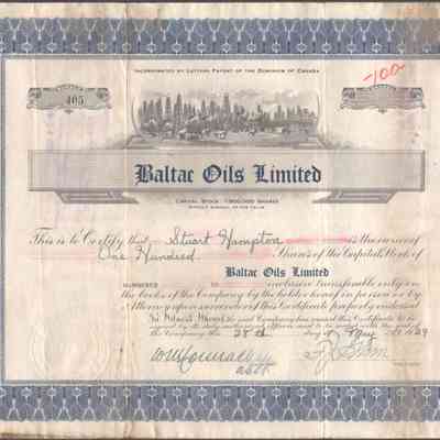 [Share Certificate] Baltac Oils Limited, 100 Shares, 28 May, 1929