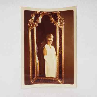[Photo] Lady in White Dress Reflected in Ornate Mirror, Association of Desk and Derrick Clubs, Portrait, White Border, c.1972