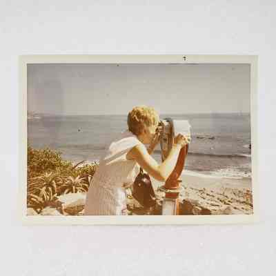 [Photo] Lady in White using Viewing Binoculars, White Border, c.1971