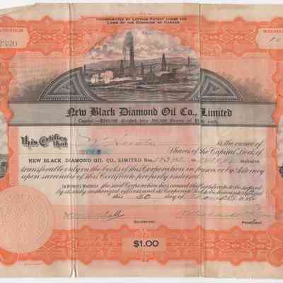 [Share Certificate] New Black Diamond Oil Co. Limited, 10 Shares, 30 March, 1926