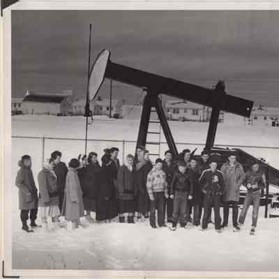 [Photo] Group of Youth in Front of Pumpjack, B&W, 8x10in