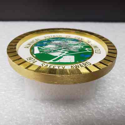 [Coaster] Alwinsal Potash of Canada Ltd, 1974 Safety Award, Gold Green Blue - Side Angled: Angled view from side