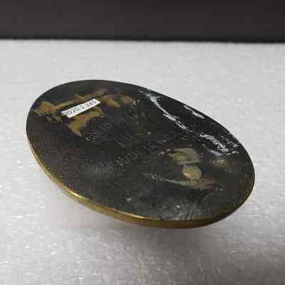 [Belt Buckle] Canadian Fluid Systems Ltd., Antique-Bronze [Damaged] - Back, Angled: Angled view of thr back showing removed hook and hinge.