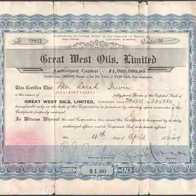 [Share Certificate] Great West Oils Limited, 50 Shares, 4 April, 1929