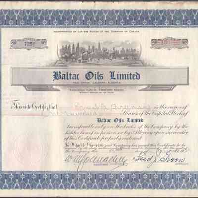 [Share Certificate] Baltac Oils Limited, 100 Shares, 15 July, 1929