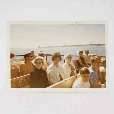 [Photo] Three Ladies and Others on Open Top Ferry, Landscape, White Border, c.1971