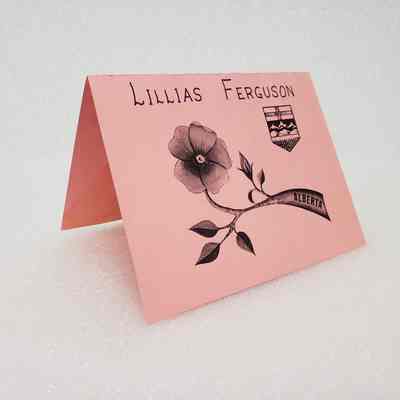 [Place Card] Lillias Ferguson, Alberta Crest and Wild Rose, Pink, c.1972