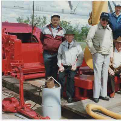 [Photo] Group of 6 Men, Base of the Wooden Cable Rig, Leduc #1 Energy Discovery Centre, Colour, 4x6in