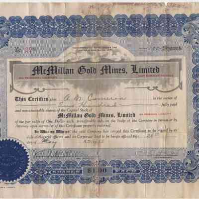 [Share Certificate] McMillan Gold Mines Limited, 200 Shares, 28 May, 1929
