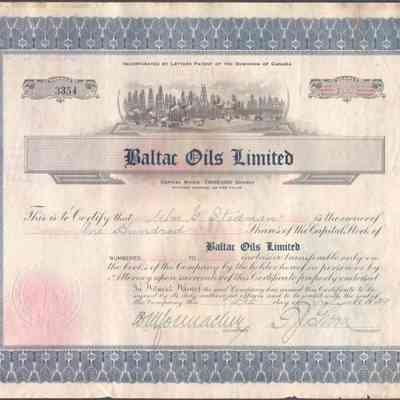 [Share Certificate] Baltac Oils Limited, 100 Shares, 15 July, 1929