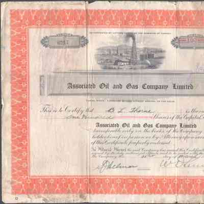 [Share Certificate] Associated Oil & Gas Company Ltd., 100 Shares, 21 March, 1929