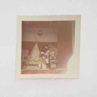 [Photo] Three Ladies on Stage in 'Indian' Costumes with Teepee, Association of Desk and Derrick Clubs, Small, Square, White Border, c.1972