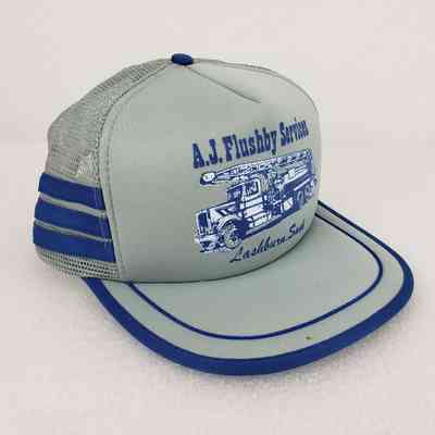 [Cap] AJ Flushby Services, Lashburn Saskatchewan, Padded Crown Grey, Mesh Body Grey w/ Blue Stripes, Blue Banding on Brim