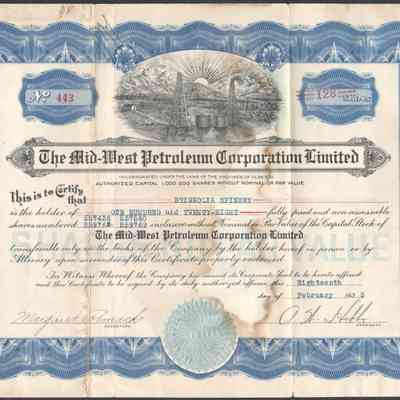[Share Certificate] The Mid-West Petroleum Corporation Limited, 128 Shares, 18 February, 1935