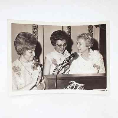 [Photo] Three Ladies at Podium, Large, BW, Landscape, White Border, c.1972