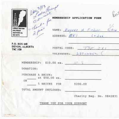 [Document] Eugene H Fedor, Membership Application Form, Leduc/Devon Oilfield Historical Society, December, 1993