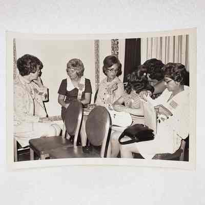[Photo] Group of Six Ladies in Auditorium Seating Mid Conversation, Association of Desk and Derrick Clubs, Large, BW, Landscape, White Border, c.1972