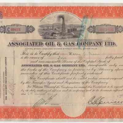 [Share Certificate] Associated Oil & Gas Company Ltd., 5 Shares, 6 August, 1929